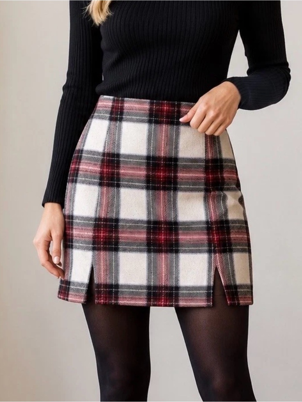 Hollister Cream, Red & Black Plaid Mini Skirt
